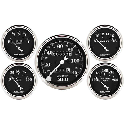 Auto Meter Gauge Kit 5 pc. 3 1/8in & 2 1/16in Mechanical Speedometer Old Tyme Black
