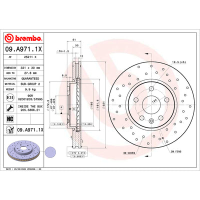 Brembo OE 10-15 Chevrolet Camaro/10-17 Equinox/14-20 Impala Drilled Xtra Brake Disc - Front