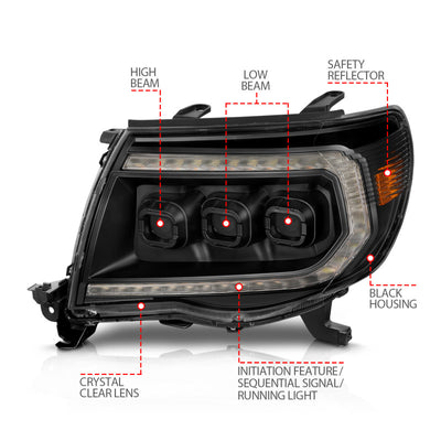 ANZO 05-11 Toyota Tacoma Full LED Projector Headlights White DRL/Init/SeqSig Black - Pair