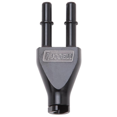 Russell Adapter Y-Block 3/8in Sae Quick Disconnect Female To 2X 3/8in Sae Qd Male Blk Anodized
