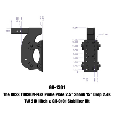Gen-Y The Boss Torsion-Flex Pintle Plate 2.5in Shank 15in Drop 21K Hitch w/GH-0100 Stabilizer Kit
