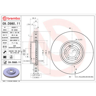 Brembo OE 20-23 Mercedes-Benz GLE350/20-21 GLE450/GLE580 UV Coated Brake Disc - Front